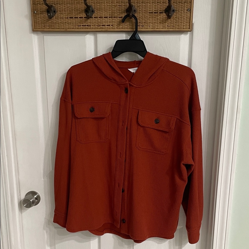 Time and Tru Women's Rust Button-Up Hoodie Shacket